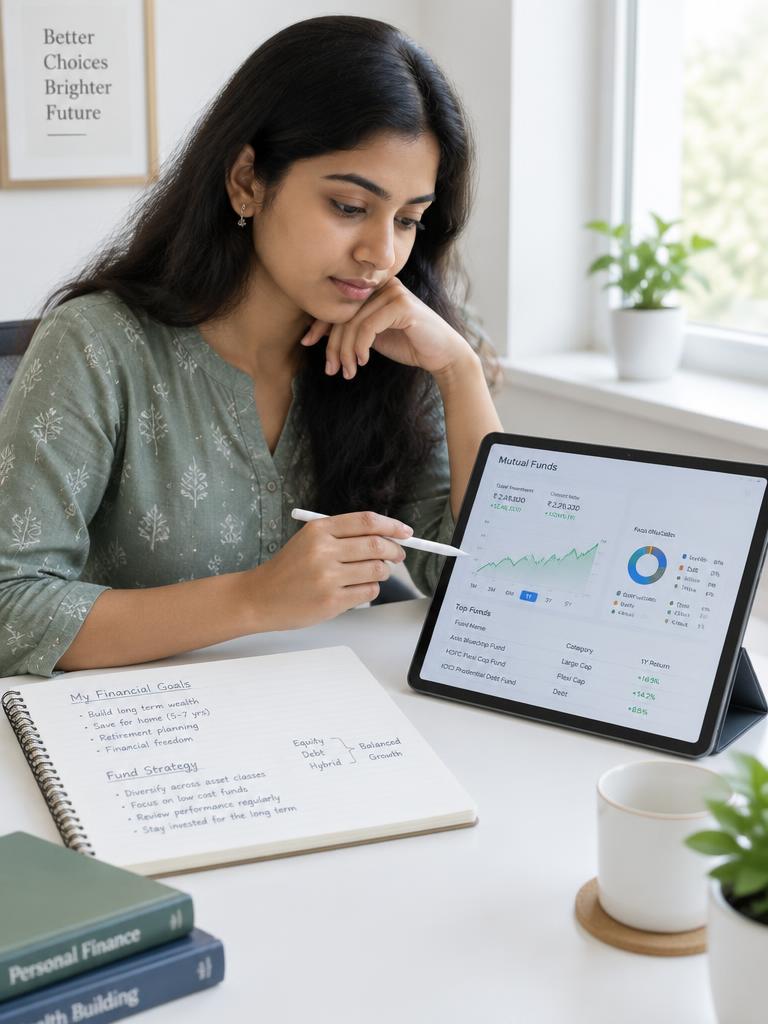 A learner studying mutual fund data calmly on a tablet with a notebook