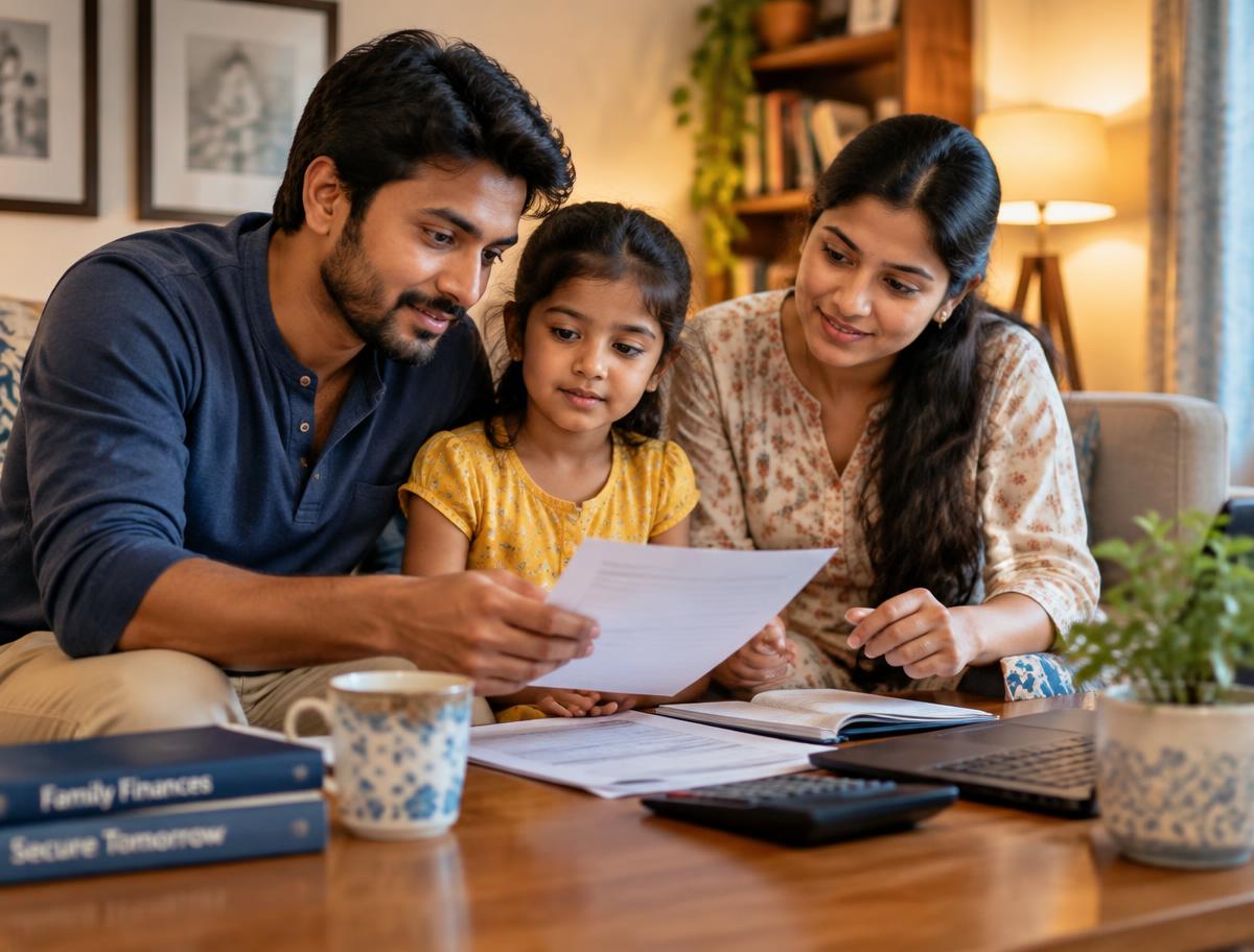 Young parents and child reviewing family savings