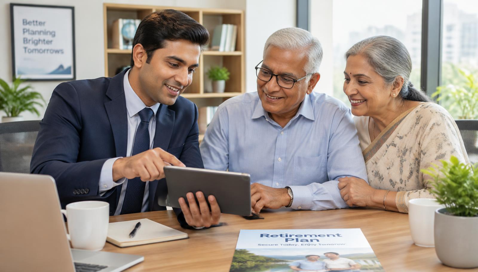 Adviser walking a retired couple through their retirement plan