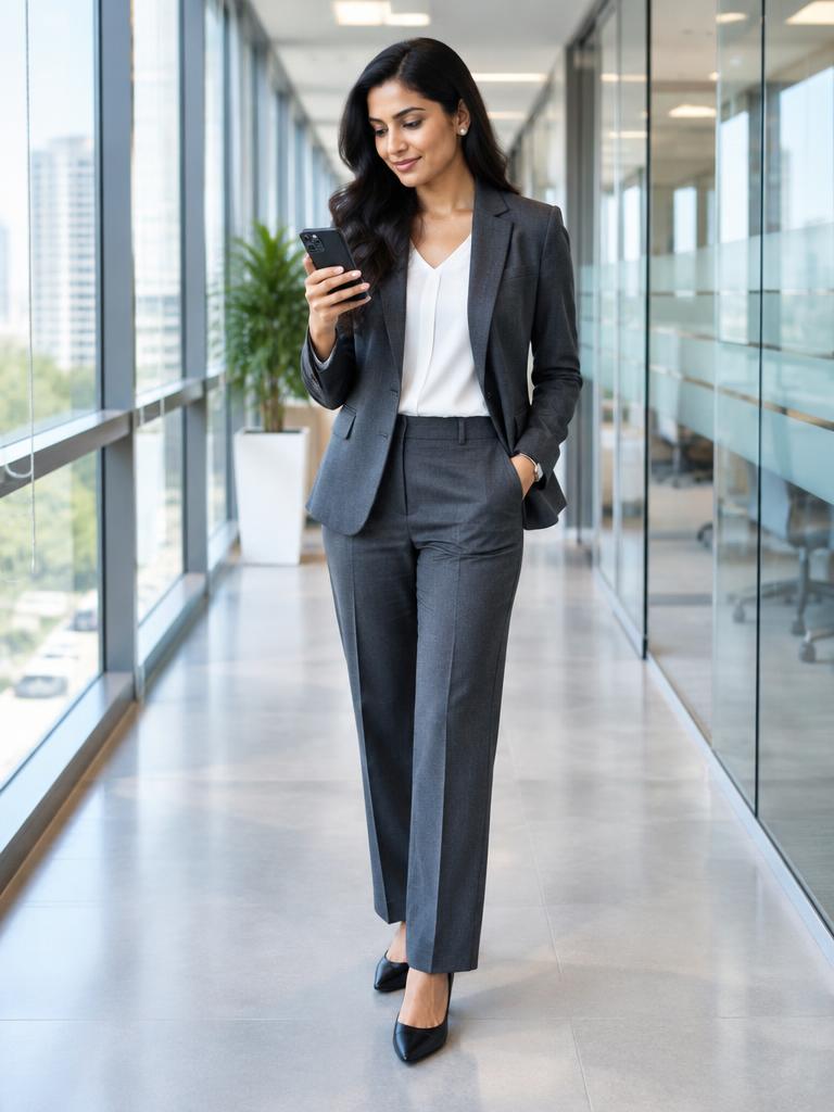A business professional checking her phone in a bright office corridor